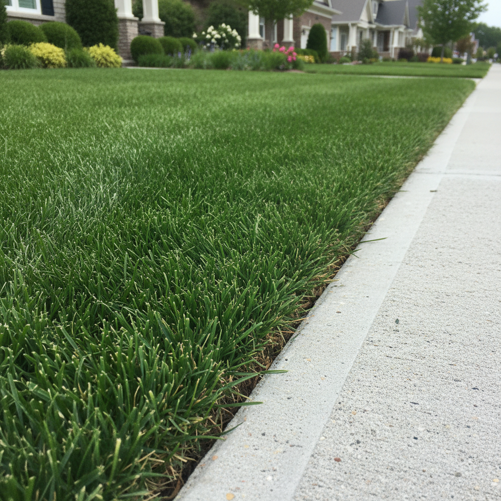 A close-up, photographic realism shot of a perfectly edged lawn meeting a clean concrete sidewalk, the grass line forming a razor-sharp boundary. The rich green turf appears dense and healthy, with individual blades clearly visible, while the sidewalk surface shows light texture and tiny pebbles. Soft, overcast daylight creates even, diffused lighting with minimal shadows, emphasizing detail and color accuracy. Captured from a very low angle at ground level, the composition follows the edge line into the distance using the rule of thirds, with the background becoming softly blurred houses and shrubs. The image feels meticulous, professional, and precise, ideal for highlighting quality workmanship in yard care services.