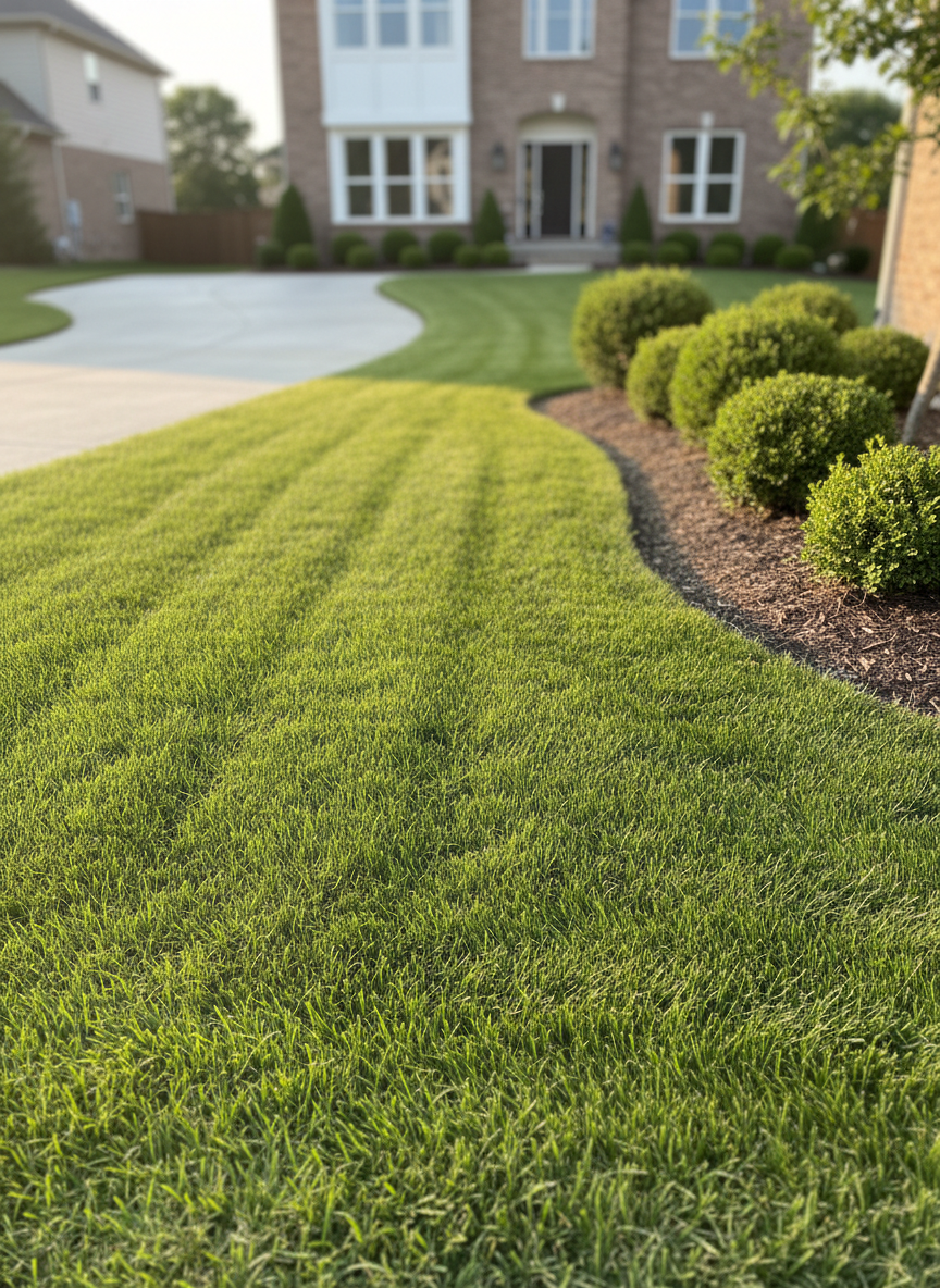 A freshly mowed suburban front lawn with perfectly even, bright green grass stretching across the frame, each blade crisp and well-defined. Cleanly edged borders separate the turf from a smooth concrete driveway and a mulched flower bed with neatly arranged shrubs and low boxwood hedges. The scene is set in a quiet residential neighborhood, with a modern brick house softly blurred in the background. Captured at golden hour with warm, low-angle sunlight casting gentle shadows that emphasize the lawn’s texture. Photographic realism, eye-level composition with a slight wide-angle view, sharp focus in the foreground and subtle bokeh in the distance, creating a professional, trustworthy, and polished atmosphere ideal for a landscaping business homepage.