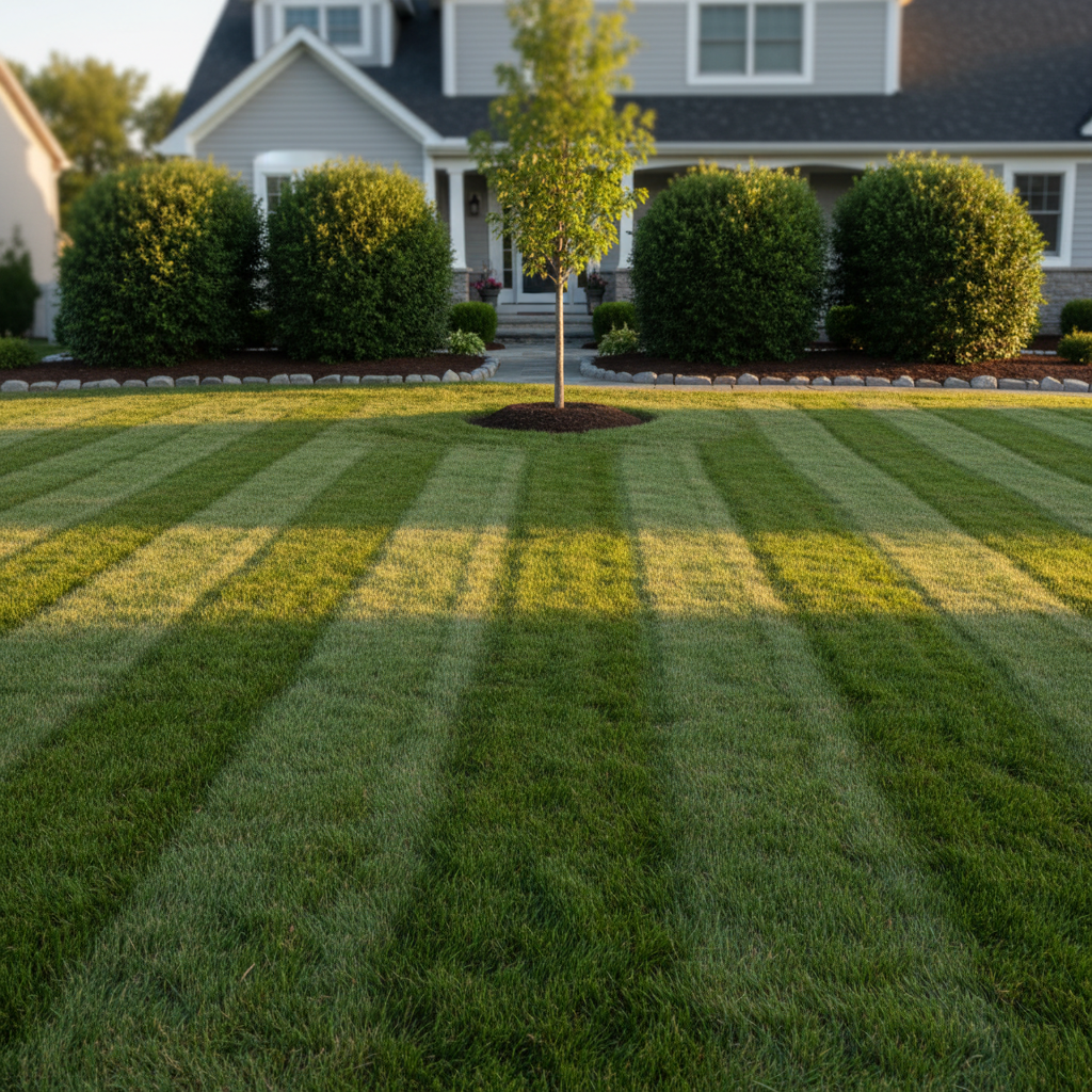 A well-kept suburban property captured from a slightly elevated, wide-angle perspective, showing a complete, polished yard care result: evenly mowed front lawn, symmetrically shaped evergreen shrubs, a tidy rock border separating grass from a mulch bed, and a simple young tree with a clean mulch ring. The home’s exterior is visible but gently blurred, allowing the landscaping to remain the star. Warm early evening sunlight creates a soft glow on the grass and subtle shadows from the shrubs, giving depth and dimension. Photographic realism with balanced, centered composition and sharp focus across most of the frame. The atmosphere is welcoming, organized, and professional, reflecting reliable, long-term care from a dedicated small landscaping business.
