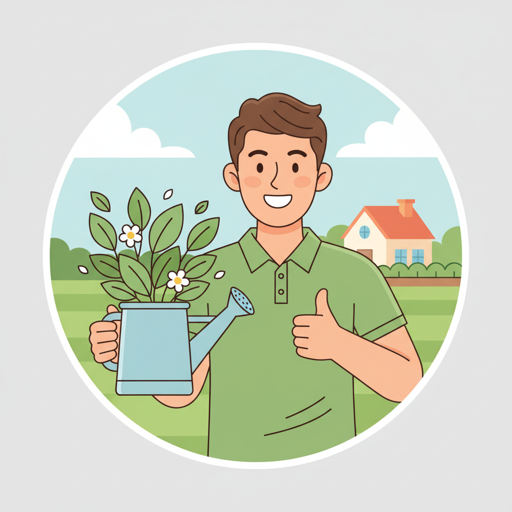 Simple, friendly illustrated profile avatar of a happy lawn care customer, circular crop, neutral background, clean and modern style to match a landscaping business website. No text.
