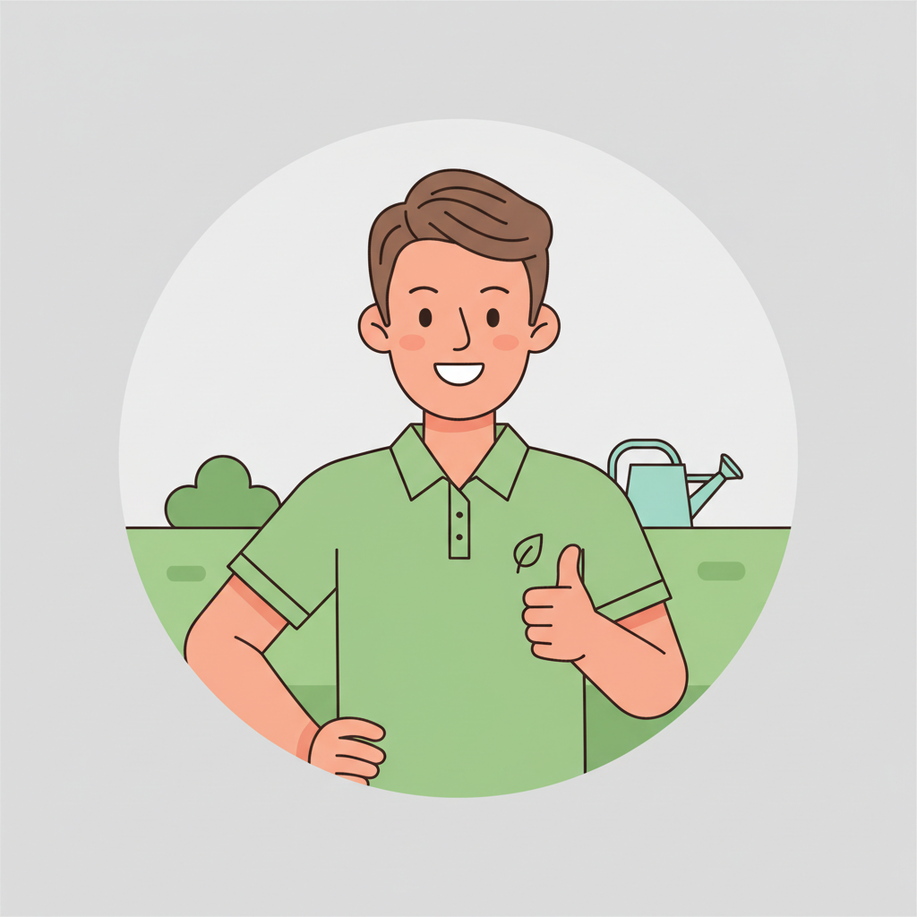 Simple, friendly illustrated profile avatar of a happy lawn care customer, circular crop, neutral background, clean and modern style to match a landscaping business website. No text.
